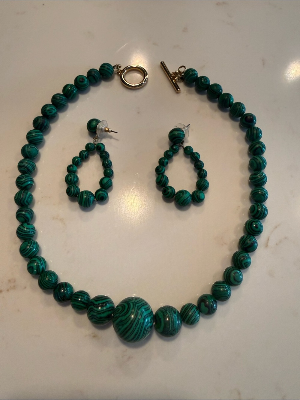 Ann Taylor Green Striped Bead Necklace and Earring Set